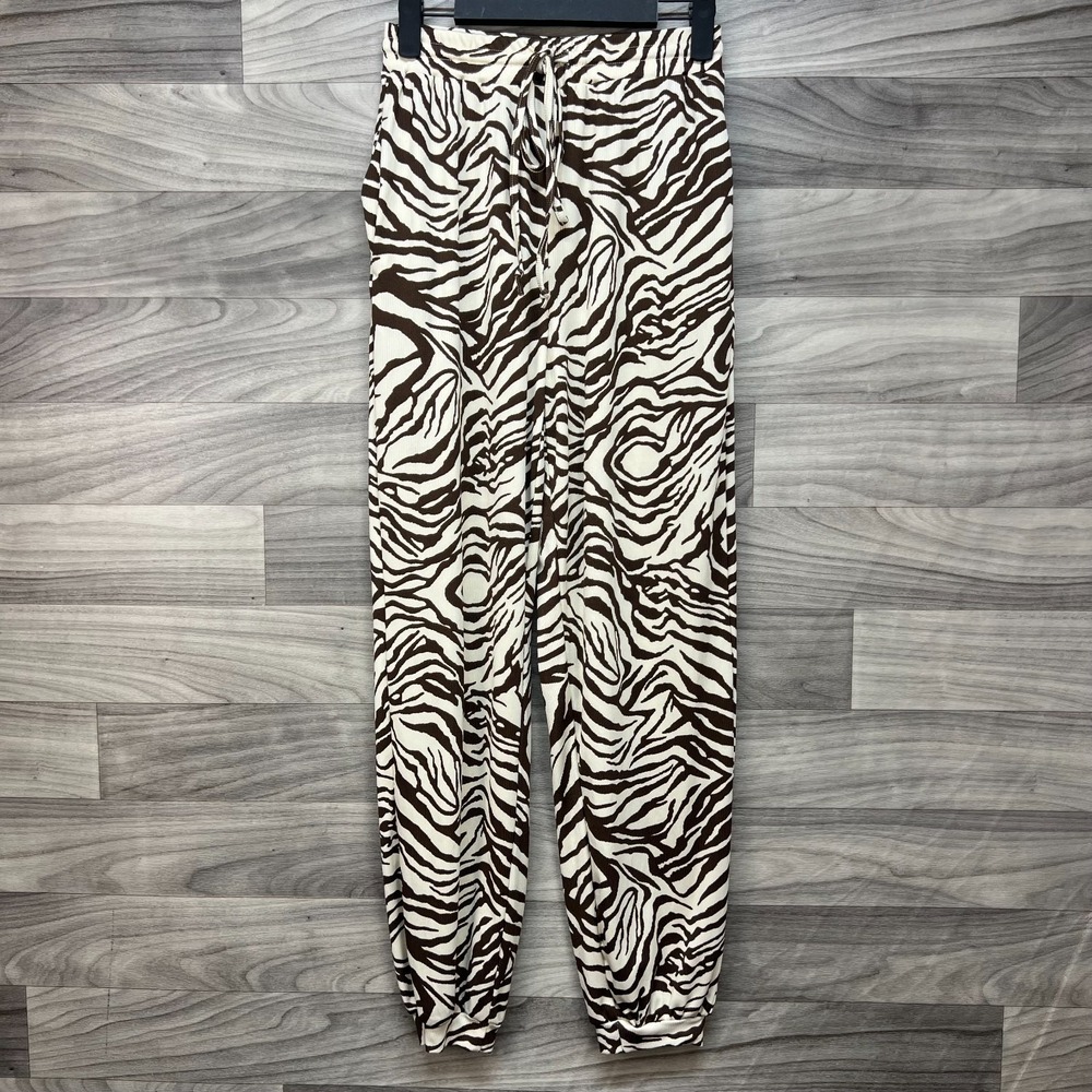 Aster Jogger‎ Pants Women's Small Brown Zebra Print Ribbed Knit Drawstring Waist